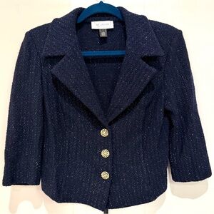 St. John Collection Blue Tweed Jacket Blazer with Metallic Accents in Size 8